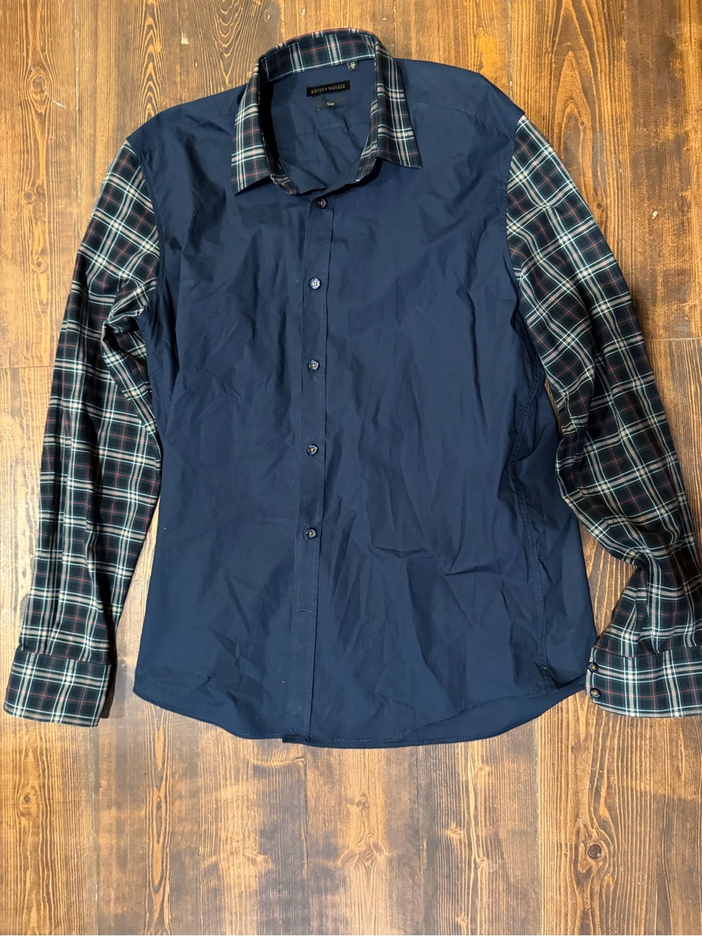 Antony Morato Navy Button-Down Shirt with Green-Blue Plaid Sleeves XL Slim